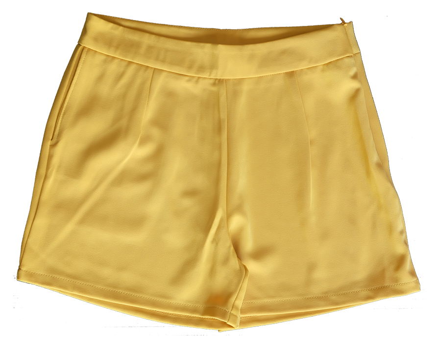 กางเกงขาสั้นเอวสูงผ้าฮานาโกะ สีเหลืองมัสตาท กระเป๋าขวา ซิปซ้าย Size S M L XL