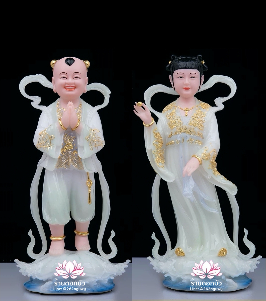 กิมท้ง-เง็กนึ่ง เซียนจ๋าย-หยกลื้อ ลูกศิษย์พระโพธิสัตว์กวนอิม ปางยืนบนใบบัว งานหินอ่อนคุณภาพสูง ขนาด 12/16 นิ้ว