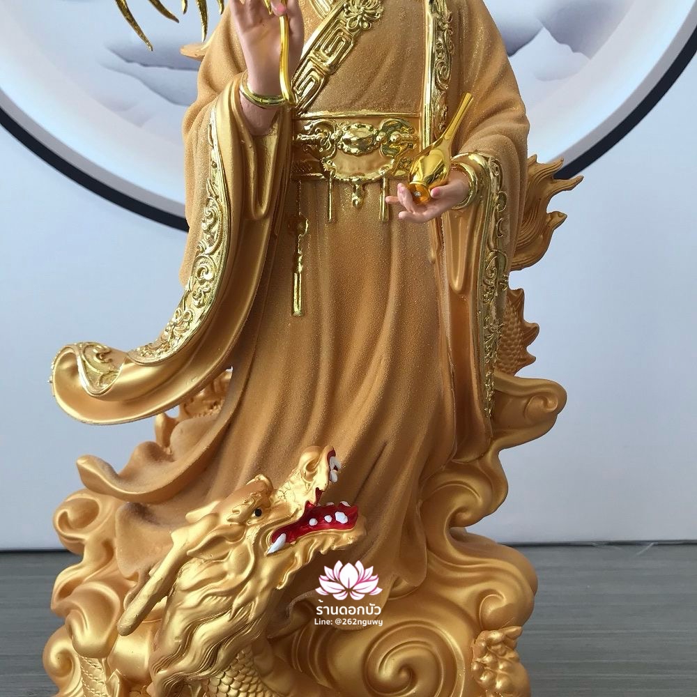พระโพธิสัตว์กวนอิมปางเหยียบมังกร พระแม่กวนอิมยืนมังกร สีทองพ่นเนื้อทราย ขนาด 16/19 นิ้ว