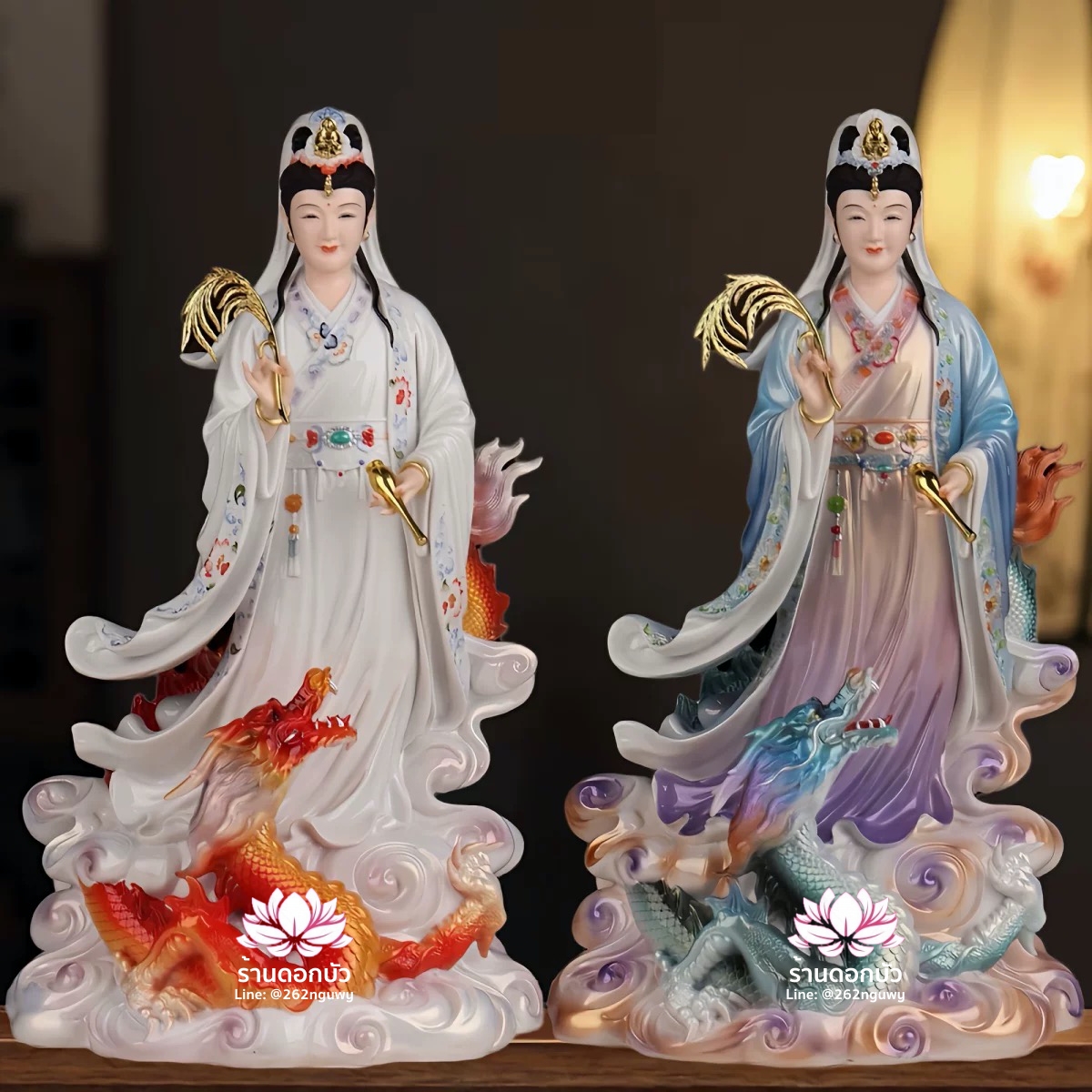 พระโพธิสัตว์กวนอิมปางเหยียบมังกร พระแม่กวนอิมยืนมังกร งานเรซิ่นคุณภาพสูง ขนาด 16/19/26 นิ้ว