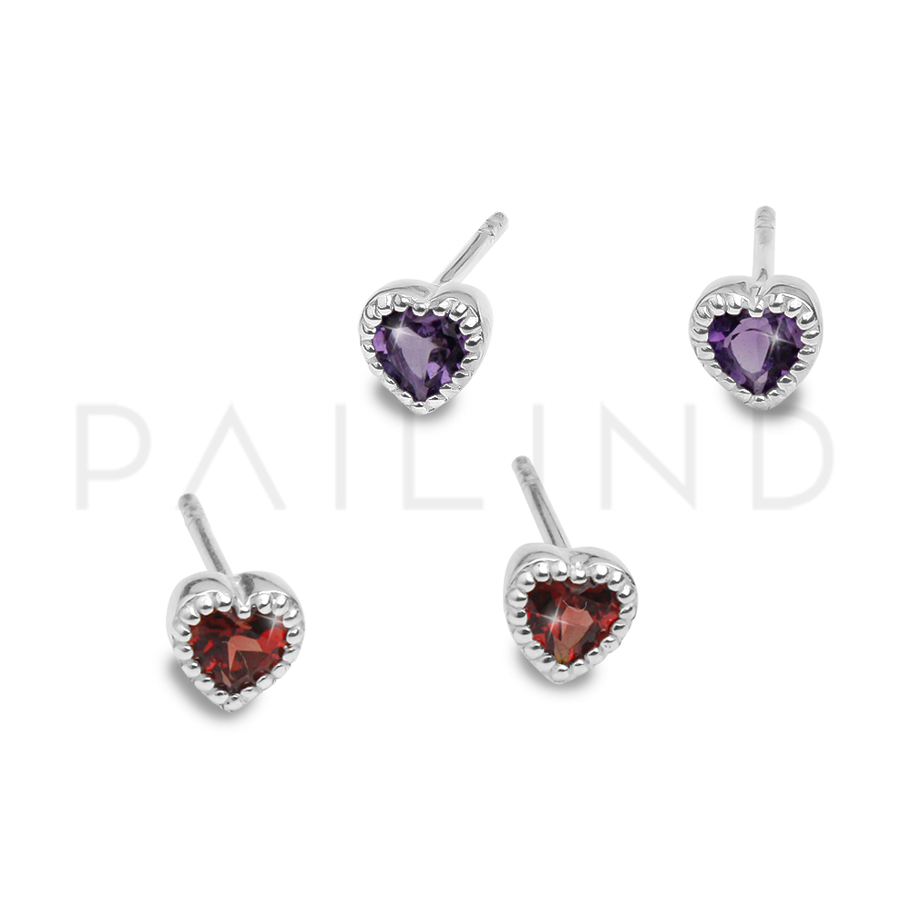 ต่างหูเงินแท้ ดีไซน์คลาสสิคทรงหัวใจ ประดับพลอย AMETHYST และ GARNET ชุบเงิน