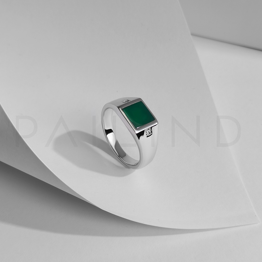 แหวนเงิน ดีไซน์เท่ ประดับพลอย MCZ อัดหิน Green Agate ชุบทองคำขาว