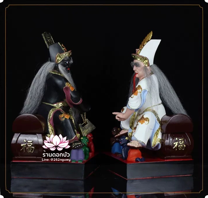 ชิดเอี๋ยโป๊ยเอี๋ย ตั่วแปะหยี่แปะ ยมฑูตขาวดำ ปางนั่งโลงจำปาเหยียบบริวาร งานเรซิ่น ขนาด 12/16/19 นิ้ว