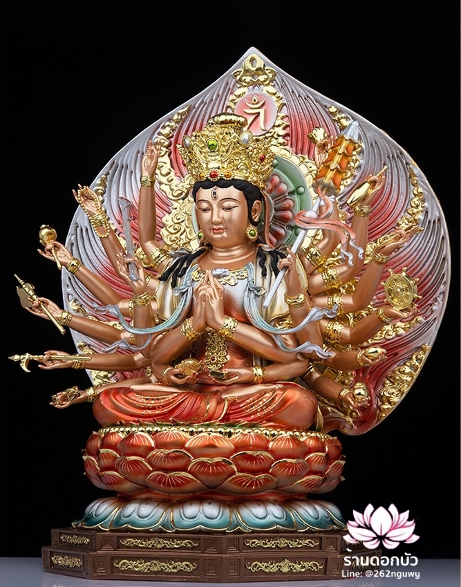 พระจุนทีโพธิสัตว์ พระโพธิสัตว์จุนทา ประทับนั่งบนดอกบัว งานเรซิ่นคุณภาพสูง ขนาด 10/12/16/19 นิ้ว