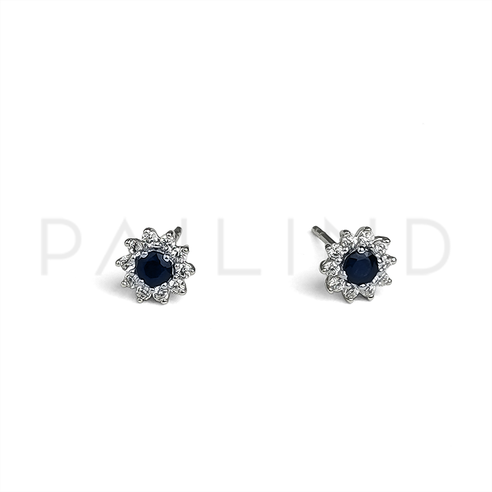 ต่างหูเงินแท้ 925 ประดับไพลินแท้(sapphire)ล้อมเพชรรัสเซีย ชุบทองคำขาว