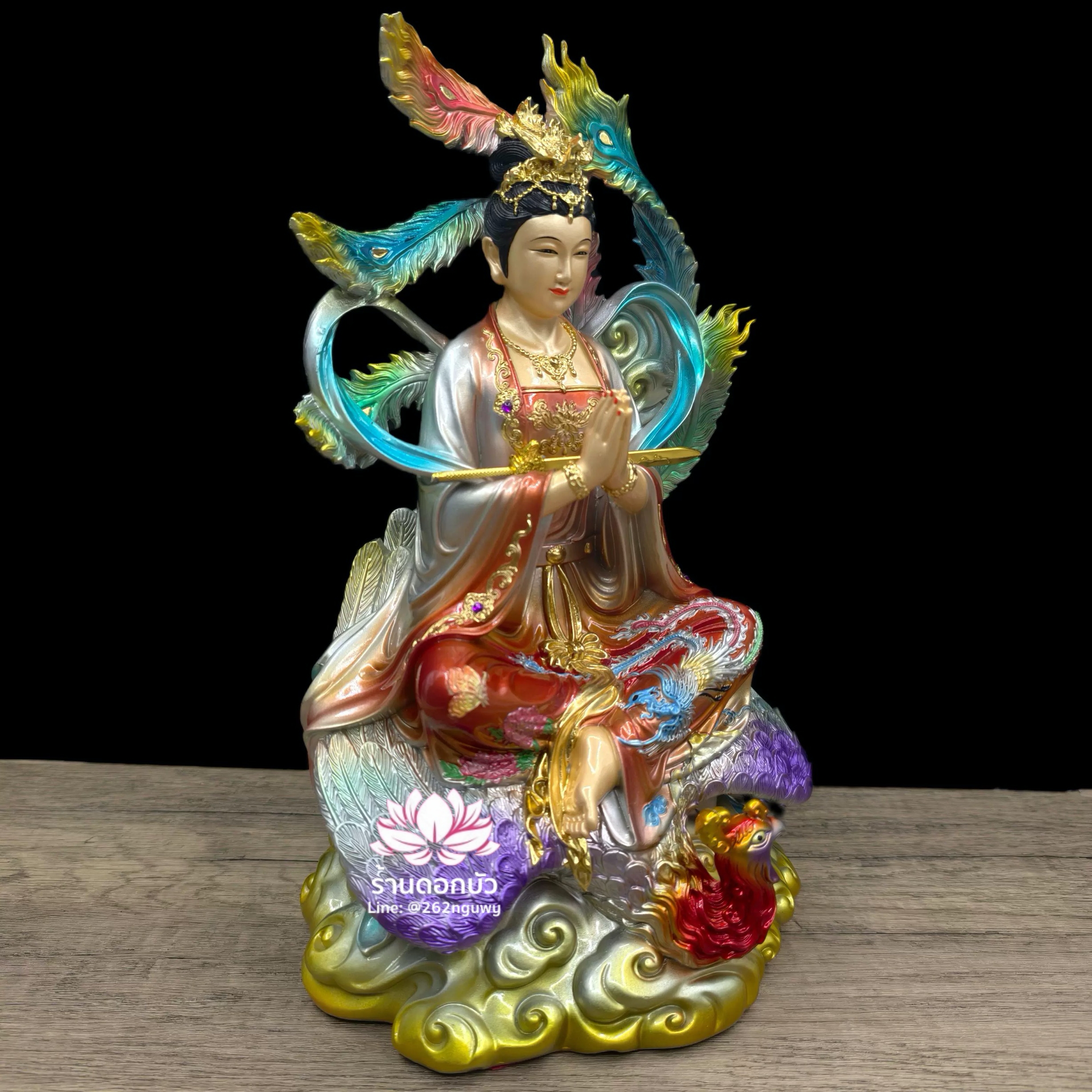 กิ่วเที้ยนเฮี่ยนลื้อ กิวเทียงเหี่ยงนึ่ง จิ่วเทียนเสวียนนี่ ปางนั่งบนหงส์บริวาร งานเรซิ่น ขนาด 12/16/19 นิ้ว