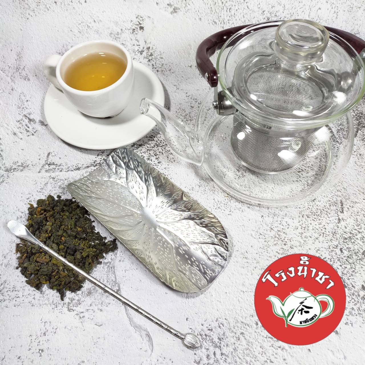 ที่เตรียมชา (ถาดเรียงชา) ลายดอกบัว สีเงิน พร้อมช้อน