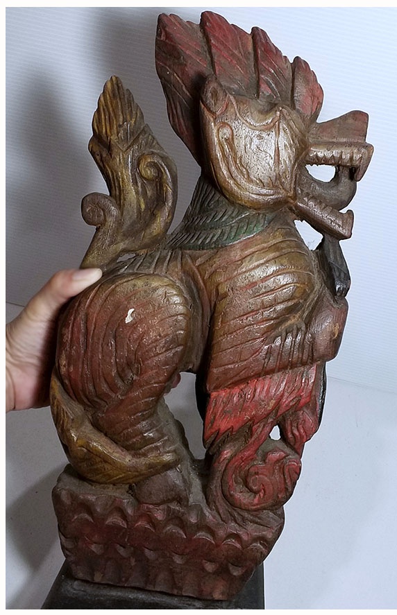 สิงห์ไม้แกะ ไม้แกะสลักประดับหัวเกวียน ศิลป์พม่า สูง 38cm