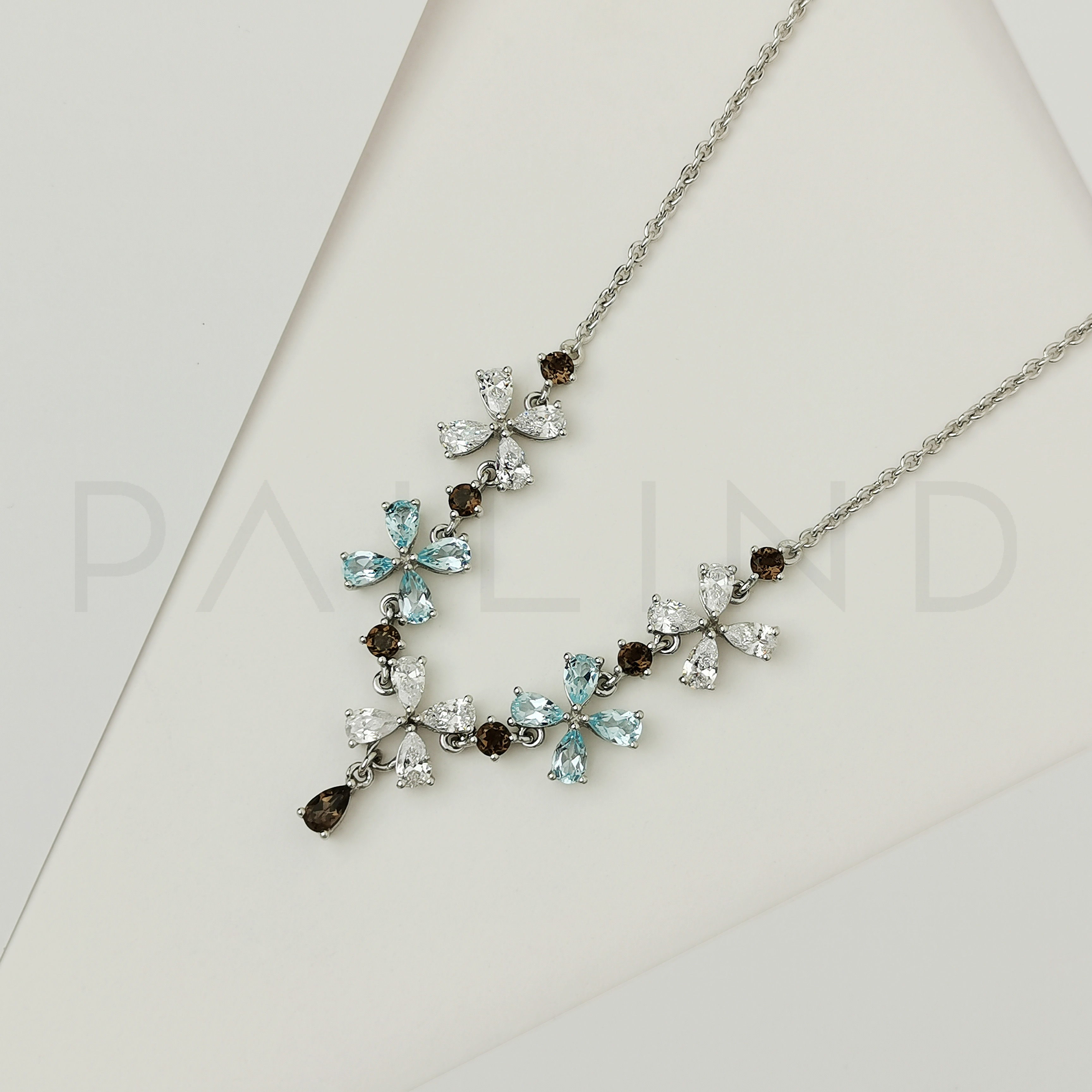 สร้อยคอเงินดีไซน์ดอกไม้ ประดับพลอย Smoky,Sky Blue Topaz,CZ