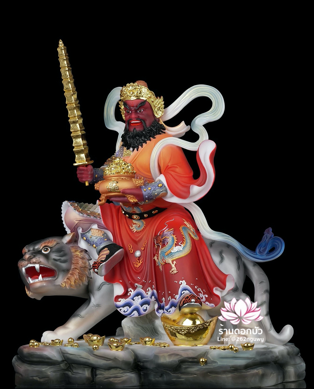 บู๊ไฉ่ซิงเอี๊ย ไฉ่ซิงเอี๊ยปางบู๊ จ้าวกงหมิง ปางประทับนั่งเสือ งานหินอ่อนคุณภาพสูง ขนาด 12/16/19/26 นิ้ว