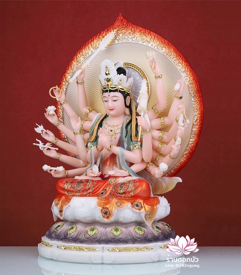 พระจุนทีโพธิสัตว์ พระโพธิสัตว์จุนทา ประทับนั่งบนดอกบัว งานหินอ่อนคุณภาพสูง ขนาด 12/16/19 นิ้ว