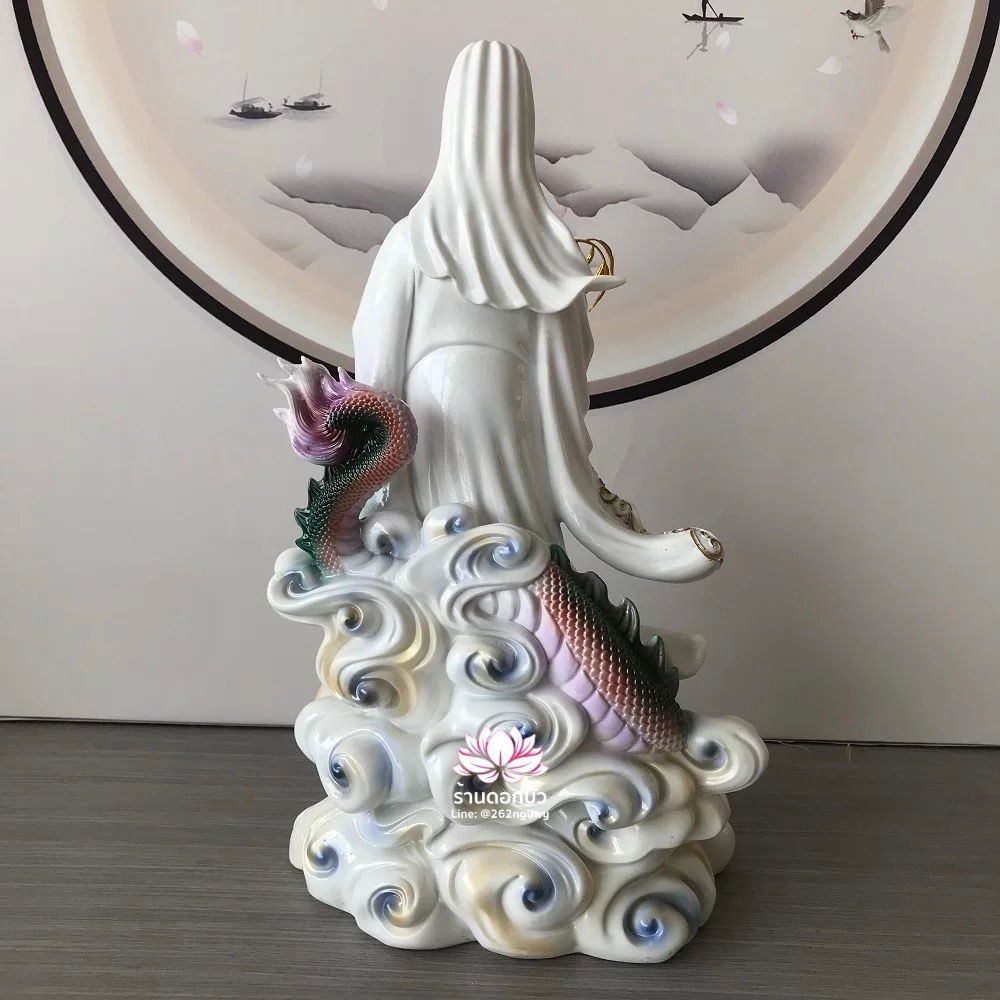 พระโพธิสัตว์กวนอิมปางเหยียบมังกร พระแม่กวนอิมยืนมังกร งานเรซิ่น ขนาด 16/19 นิ้ว