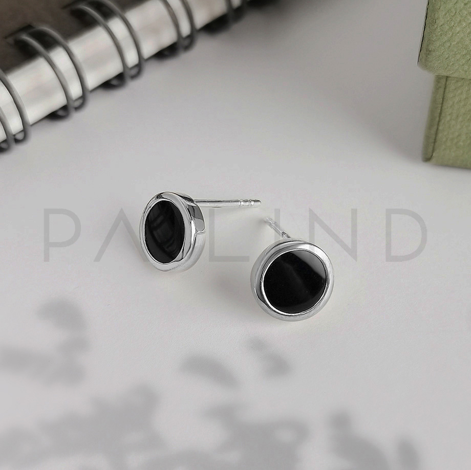 ต่างหูเงินแท้ดีไซน์เรียบ อัดหิน Black Onyx ชุบเงิน