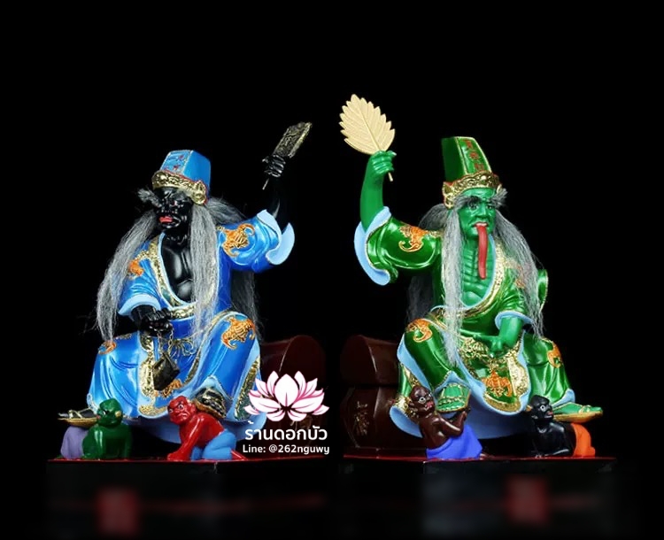 ชิดเอี๋ยโป๊ยเอี๋ย ตั่วแปะหยี่แปะ ยมฑูตขาวดำ ปางนั่งโลงจำปาเหยียบบริวาร งานเรซิ่น ขนาด 12/16/19 นิ้ว