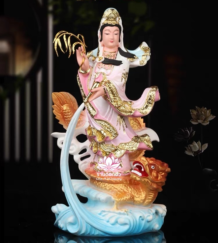 พระโพธิสัตว์กวนอิมปางเหยียบมังกร พระแม่กวนอิมยืนมังกร งานเรซิ่น ขนาด 16 นิ้ว
