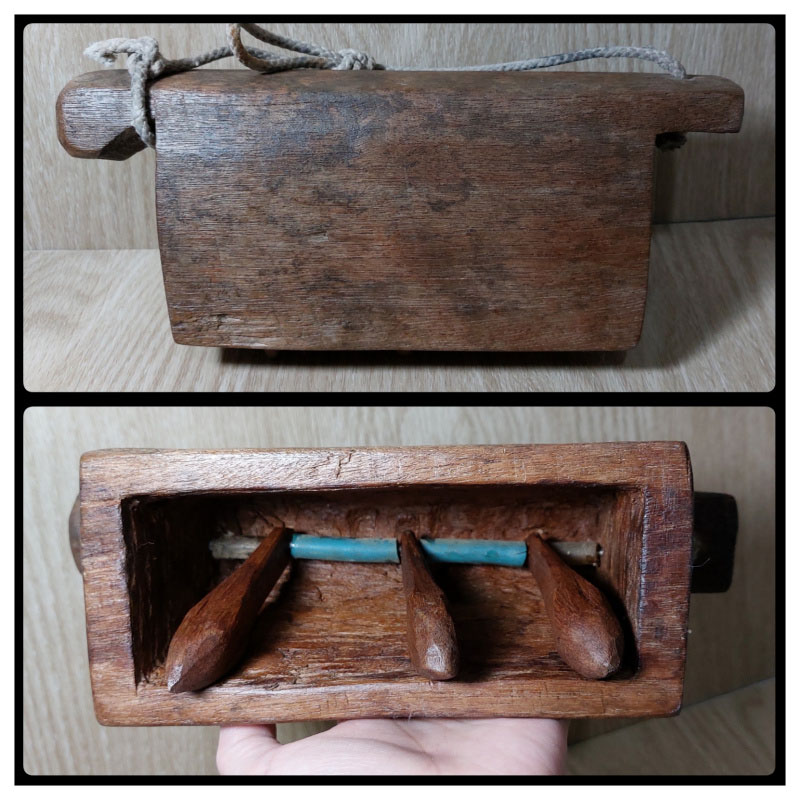 กระดึงคอวัวไม้แกะ งานเก่า ยาวรวมขั้ว 25cm