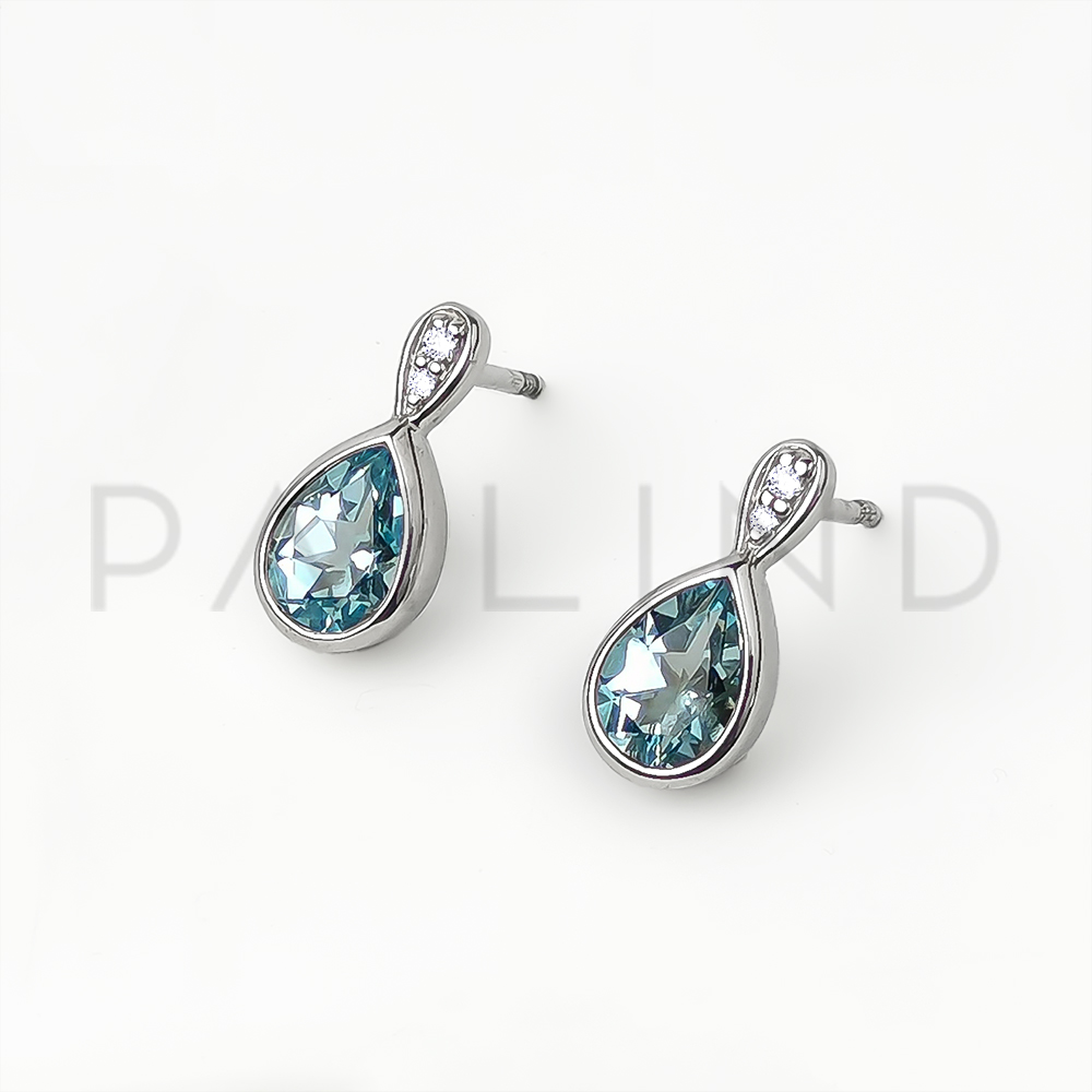ต่างหูเงินแท้ ดีไซน์สวยประดับพลอย SKY BLUE TOPAZ / MCZ ชุบทองคำขาว