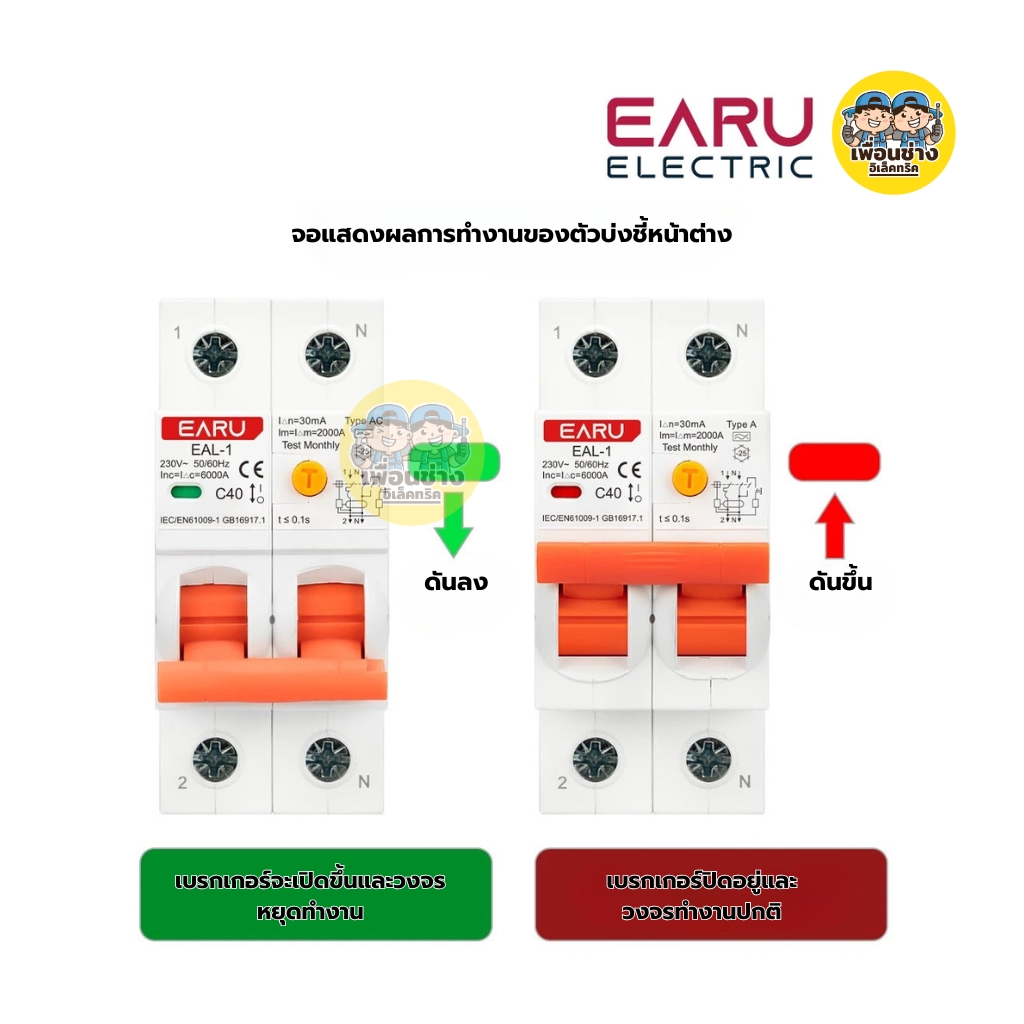 EARU รุ่น EAL-1-B-2P-30mA RCBO Type B เซอร์กิตเบรกเกอร์วงจรป้องกันไฟรั่ว แบบอิเล็กทรอนิกส์ ขนาด 40A 63A ป้องกันการโอเวอร์โหลด
