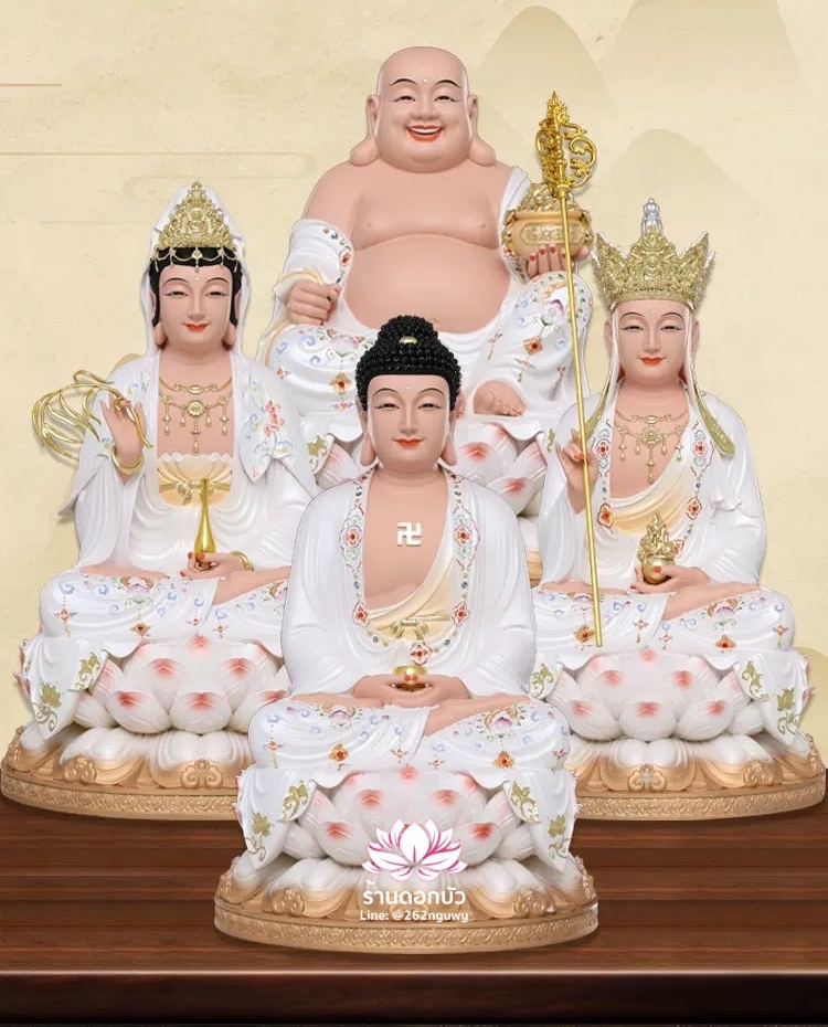 พระพุทธเจ้า (พระยูไล) พระโพธิสัตว์กวนอิม (กวนอิมผ่อสัก) พระมหาสถามปราปต์โพธิสัตว์ (ไต่ซีจี่ผ่อสัก) งานเรซิ่น ขนาด 12/16/19 นิ้ว