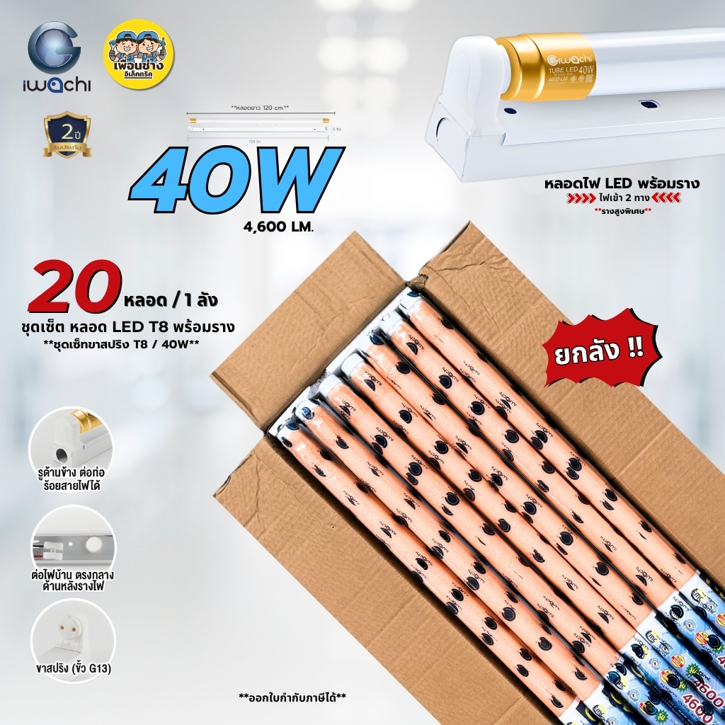 **หลอดพร้อมราง** IWACHI ยกลัง ชุดหลอดพร้อมราง T8 40W ยกลัง 20 หลอด รุ่น TUBE LED ไฟเข้า 2 ทาง เซ็ทขาสปริง