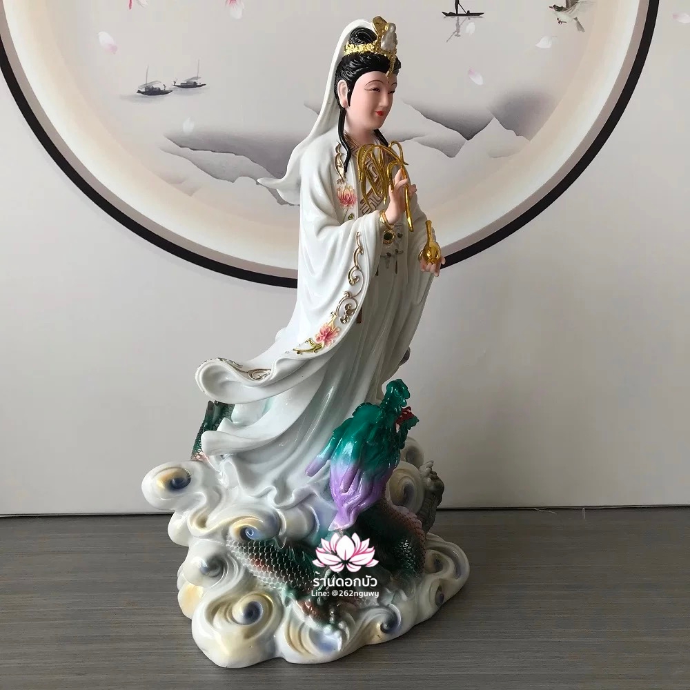 พระโพธิสัตว์กวนอิมปางเหยียบมังกร พระแม่กวนอิมยืนมังกร งานเรซิ่น ขนาด 16/19 นิ้ว