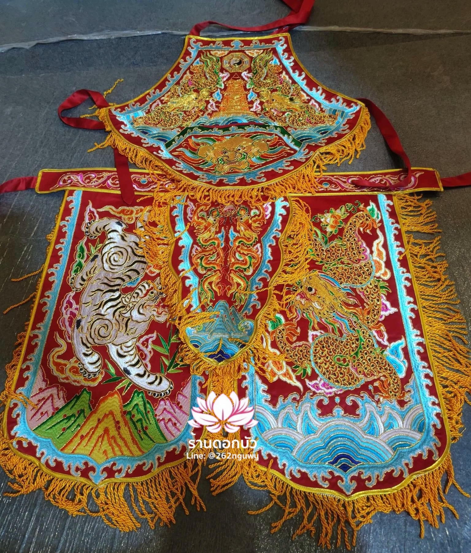 ชุดร่างทรง ชุดม้าทรง ต้อพระจีน ปักลายมังกรและเสือ งานปักพรีเมียม สีแดง/ส้ม/เหลือง/เขียว/ดำ/ขาว
