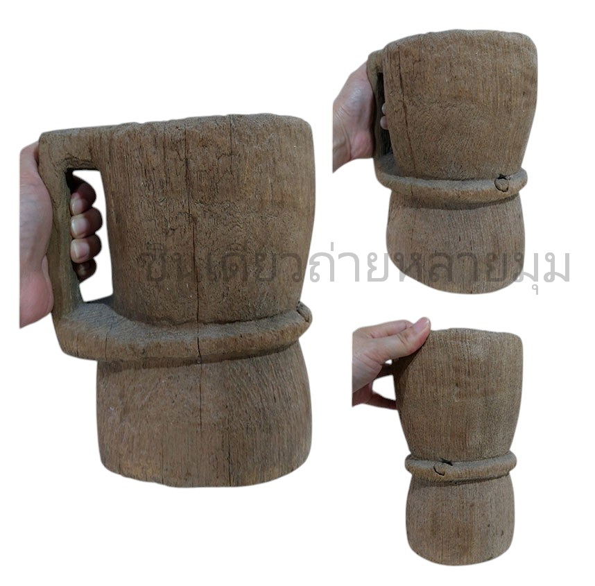 ครกไม้เก่า แบบมีหูจับ ไม้สัก สะสม ตกแต่งบ้านสวนร้าน--