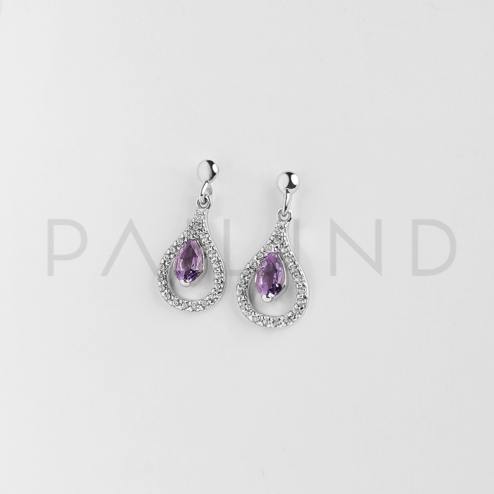 ต่างหูเงินแท้ดีไซน์เก๋ ประดับพลอย Amethyst และ MCZ ชุบทองคำขาว