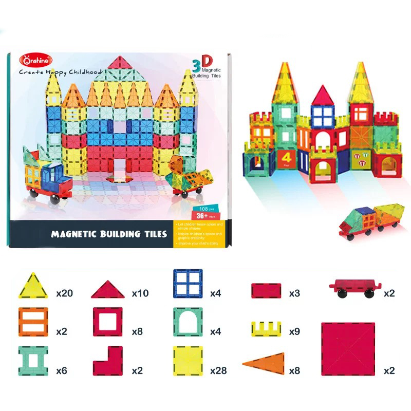ของเล่นเด็ก ชุดบล็อคประกอบแม่เหล็ก 108 ชิ้น ตัวต่อแม่เหล็ก