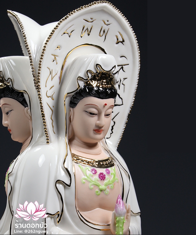 พระโพธิสัตว์กวนอิม 3 พระพักตร์ พระแม่กวนอิม 3 ปาง ลงสีขลิบทอง ขนาด 15 นิ้ว