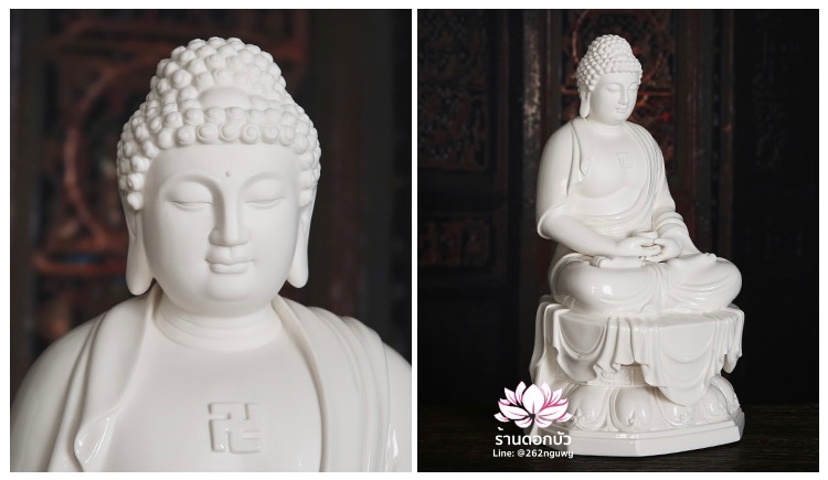 พระพุทธเจ้าและพระอัครสาวก พระมหากัสสปะและพระอานนท์ งานกระเบื้องฮกเกี้ยน สีขาวเคลือบเงา