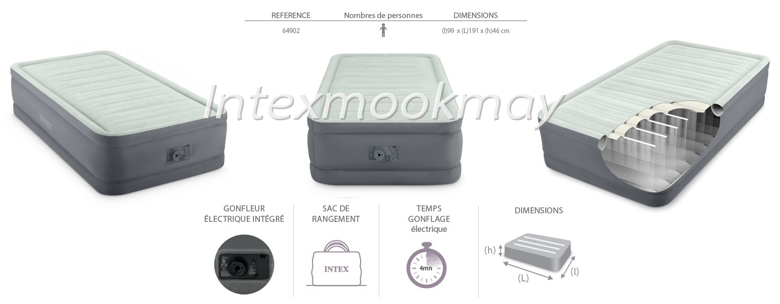 Intex 64906 PremAire Queen Size สีเทา ขนาด 5 ฟุต ปั๊มลมในตัว