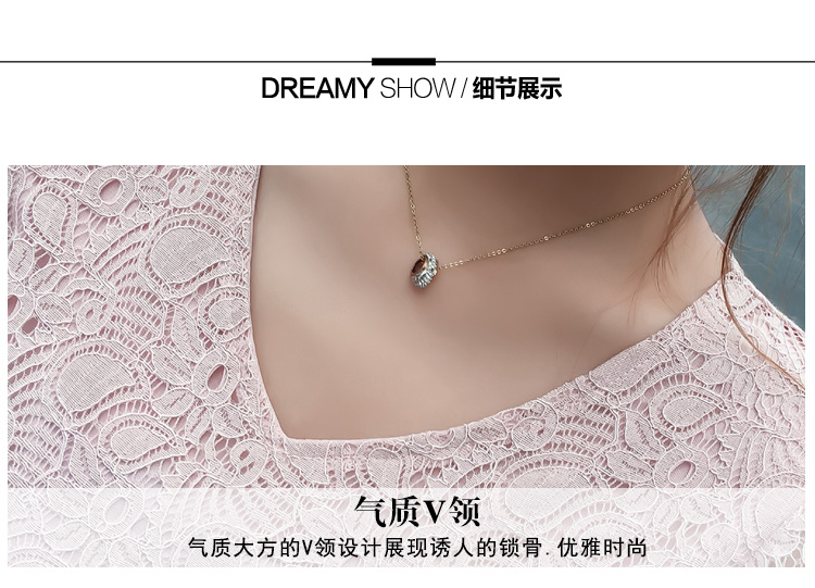 ชุดเดรสสั้นผ้าลูกไม้สีชมพูกะปิอ่อน คอวี แขนยาว เอวระบาย กระโปรงทรงเอบาน สวยหวาน ดูดี