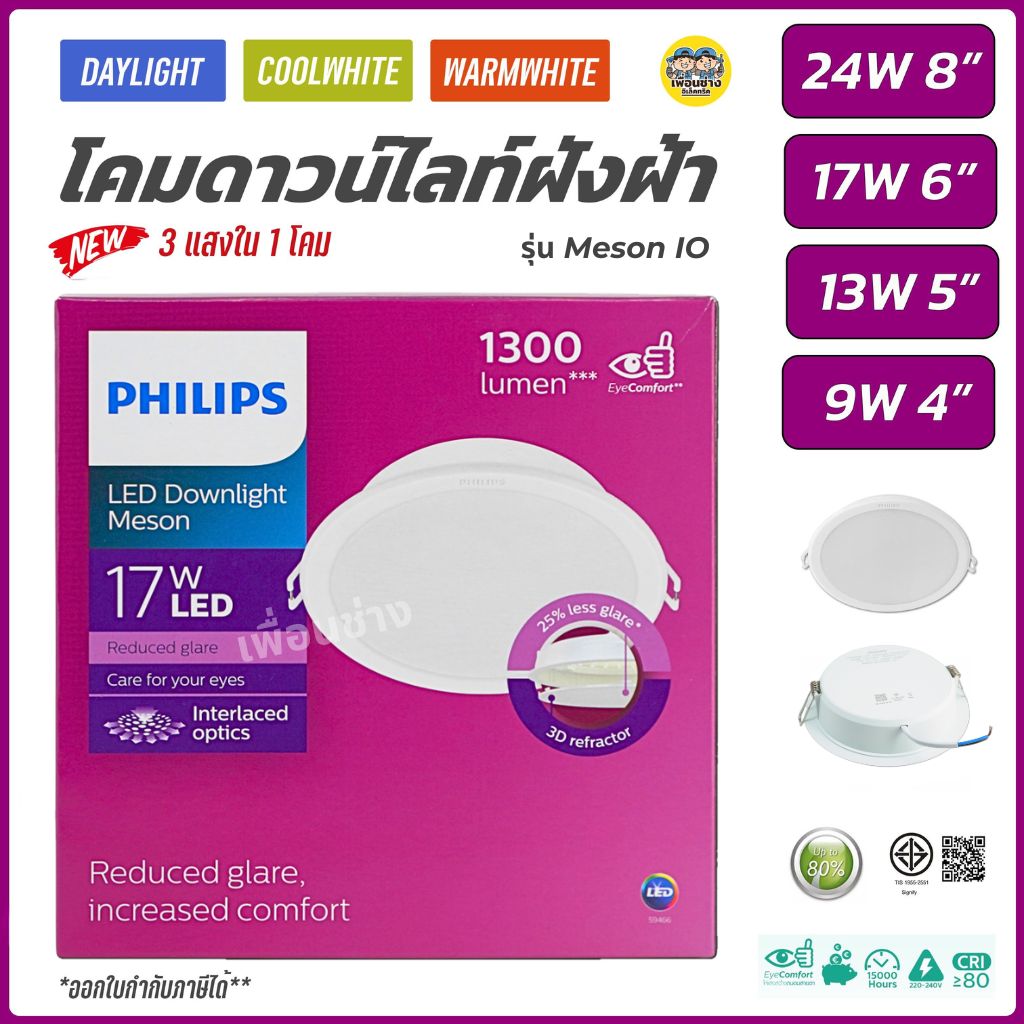 PHILIPS ดาวน์ไลท์ฝังฝ้า 4นิ้ว 5นิ้ว 6นิ้ว 8นิ้ว 9W 13W 17W 24W 3แสง Panel LED รุ่น MESON IO โคมดาวน์ไลท์ ดาวน์ไลท์ โคม โคมไฟ ฝังฝ้า 4" 5" 6" 8" ฟิลิปส์