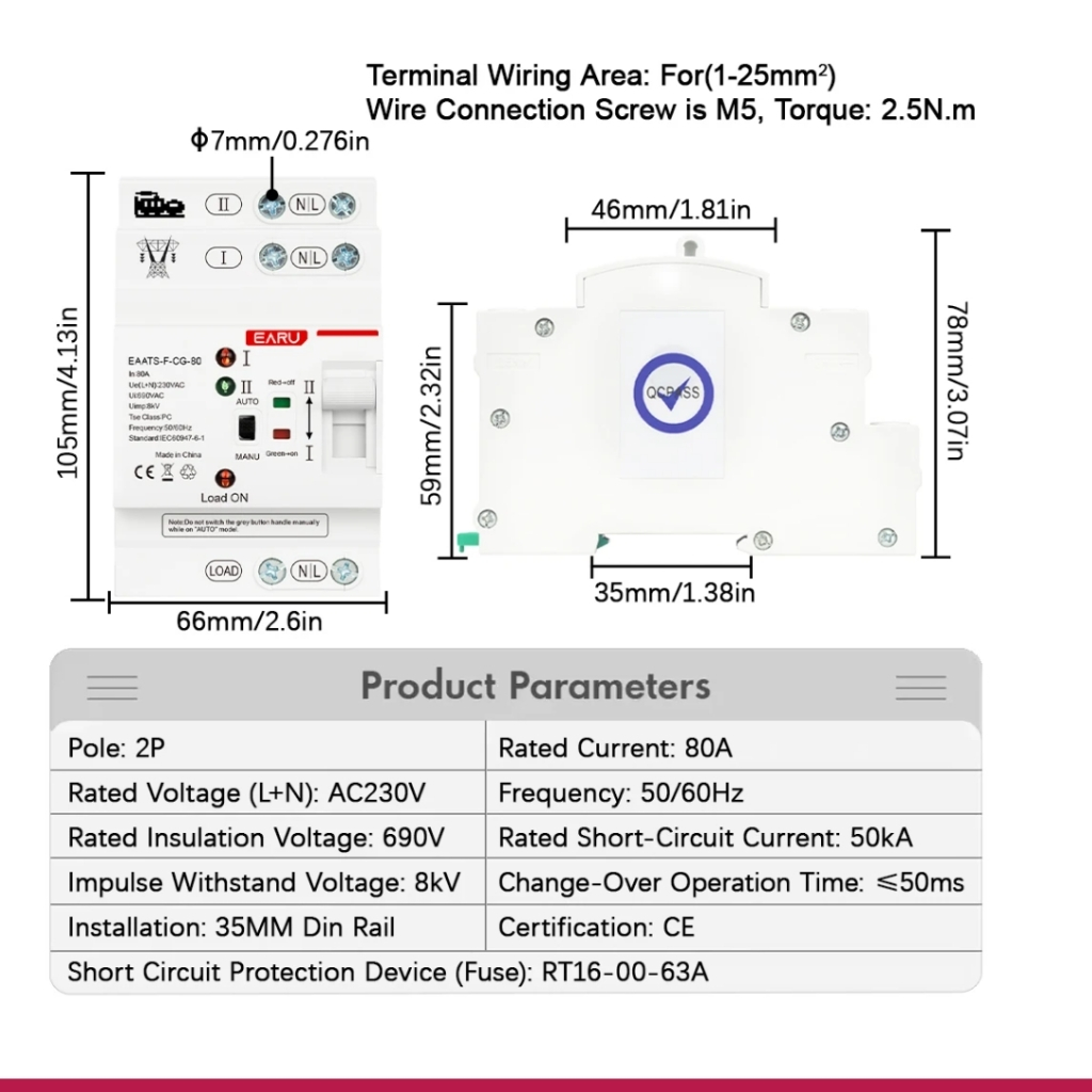 EARU ATS 220V รุ่น EAATS-F-CS-2P-80A-22V สวิตซ์โอนย้ายอัตโนมัติ สวิตซ์สลับแหล่งจ่ายไฟอัตโนมัติ