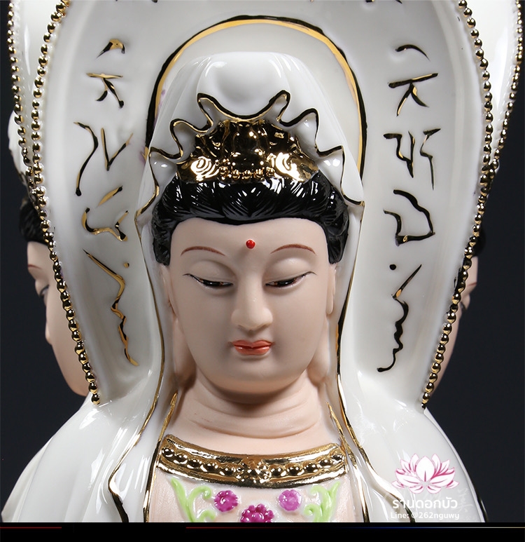 พระโพธิสัตว์กวนอิม 3 พระพักตร์ พระแม่กวนอิม 3 ปาง ลงสีขลิบทอง ขนาด 15 นิ้ว