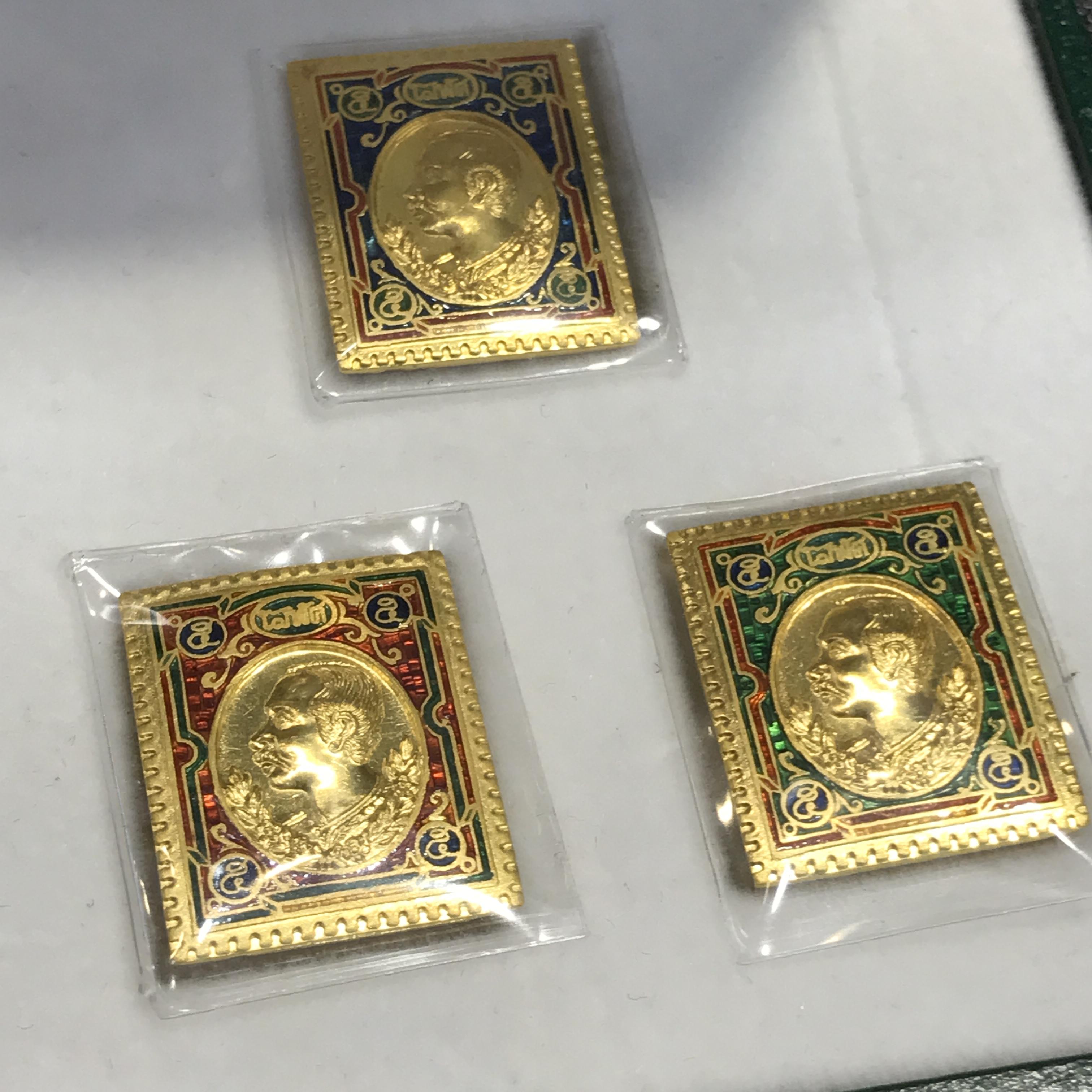 ชุดเหรียญแสตมป์ โสฬส รัชกาลที่ 5 เนื้อทองคำลงยา(พิมพ์เล็ก) วัดพัฒนาราม จ.อุดรธานี ปี2536