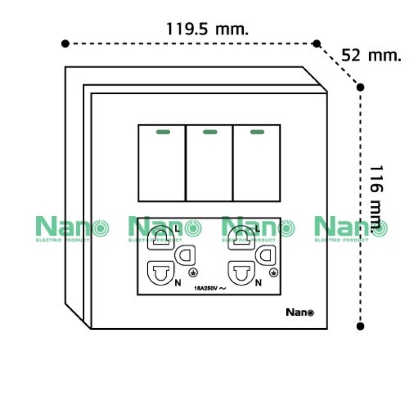 NANO ชุดปลั๊ก สวิตซ์ ขนาด 4x4 ประกอบด้วยสวิตซ์ 3 ตัว กราวน์คู่ 1 ตัว ชุดเต้ารับ สีขาว/สีดำ