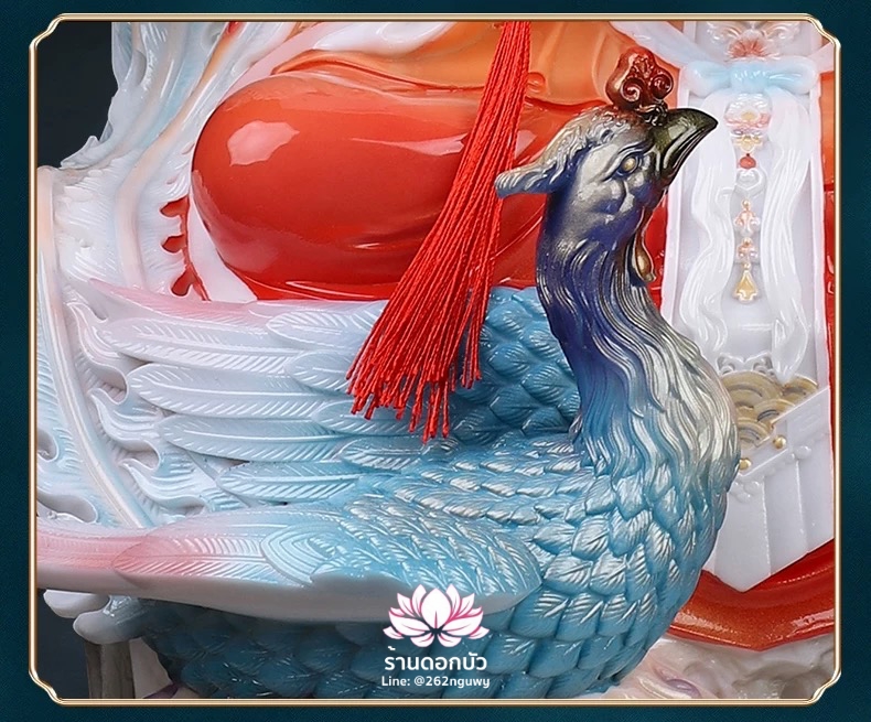 กิ่วเที้ยนเฮี่ยนลื้อ กิวเทียงเหี่ยงนึ่ง จิ่วเทียนเสวียนนี่ ปางนั่งบัลลังก์พร้อมหงส์บริวาร งานเรซิ่นเทคนิคกระเบื้อง ขนาด 12/16/19 นิ้ว