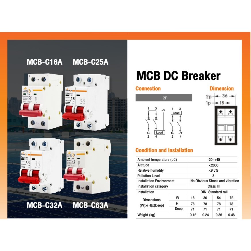 Lumira เบรกเกอร์ DC 1000V 2P ไฟกระแสตรง 16A 25A 32A 63A MCB BREAKER IEC60898