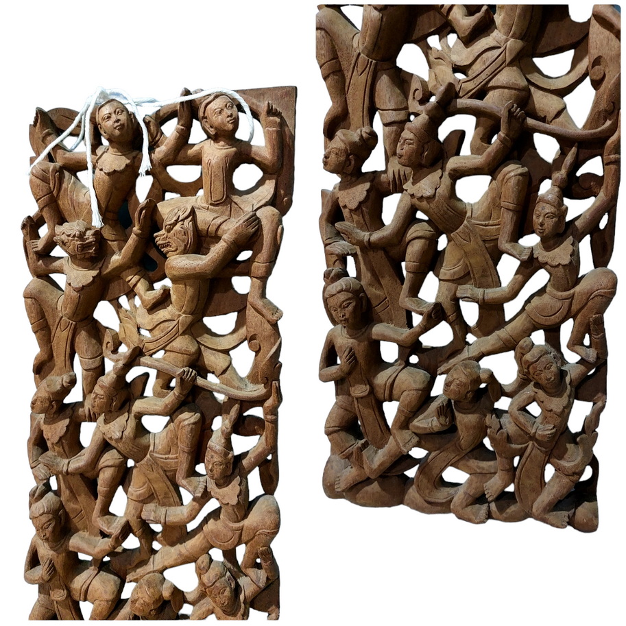 ไม้แกะสลักศิลปะพม่า(เมียนมาร์)ขนาดเล็ก)ประมาณ20cm x 48cm