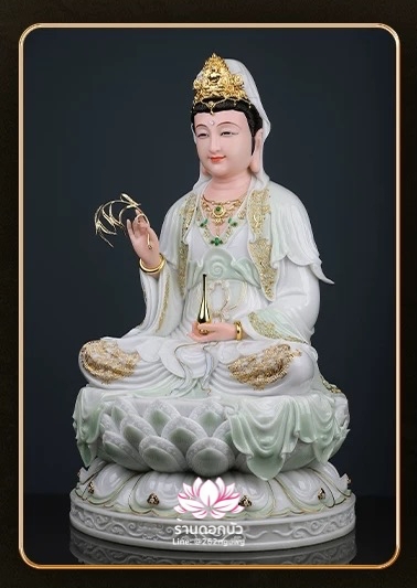 พระโพธิสัตว์กวนอิม พระแม่กวนอิมปางประทานพร ประทับนั่งบนดอกบัว งานหินอ่อน ขนาด 16/19/26/36 นิ้ว