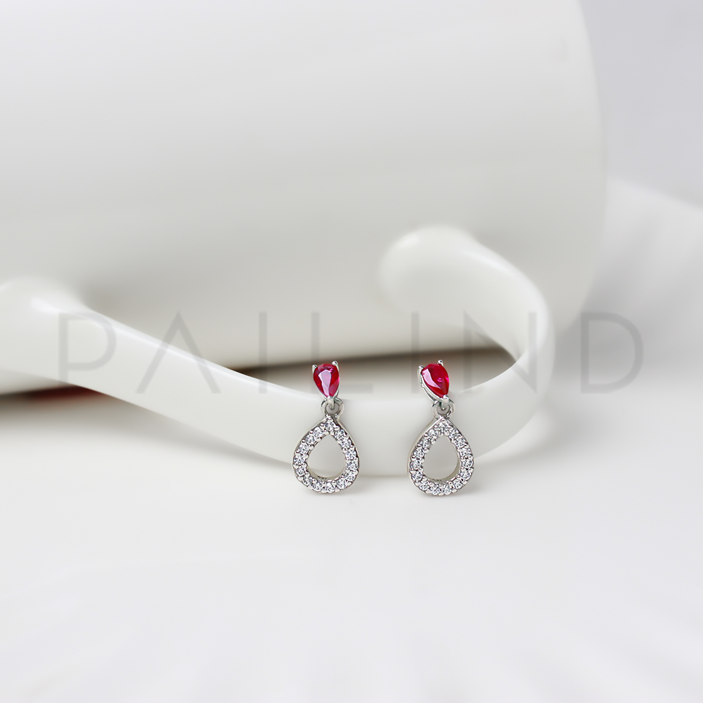 ต่างหูเงินแท้ ประดับเพชรรัสเซียและทับทิมแท้ Ruby ชุบทองคำขาว
