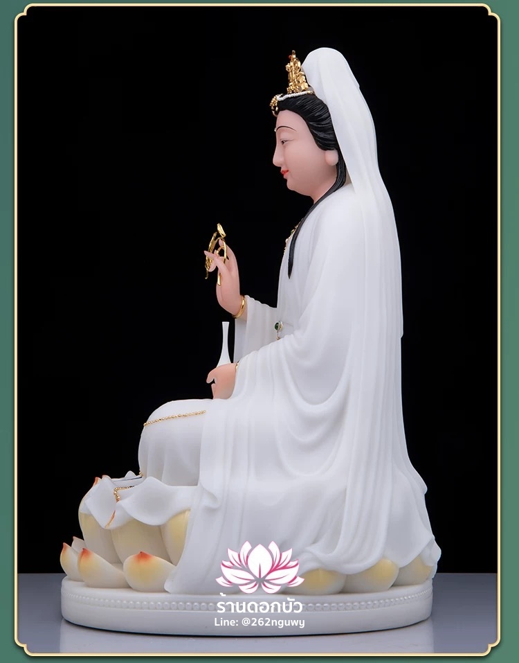 พระโพธิสัตว์กวนอิม พระแม่กวนอิมปางประทานพร ประทับนั่งบนดอกบัว งานหินอ่อน ขนาด 12/16/19/26 นิ้ว