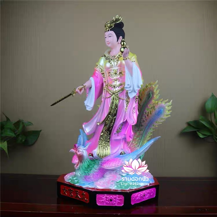 กิ่วเที้ยนเฮี่ยนลื้อ กิวเทียงเหี่ยงนึ่ง จิ่วเทียนเสวียนนี่ ปางยืนบนหงส์บริวาร งานเรซิ่น ขนาด 12/16/19 นิ้ว