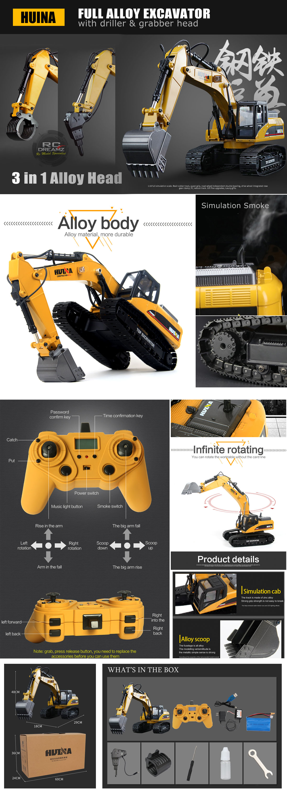 HUINA 1580 แม็คโครเหล็กทั้งคัน ขนาด 1:14 บังคับ 23Ch 580 RC 10KG.