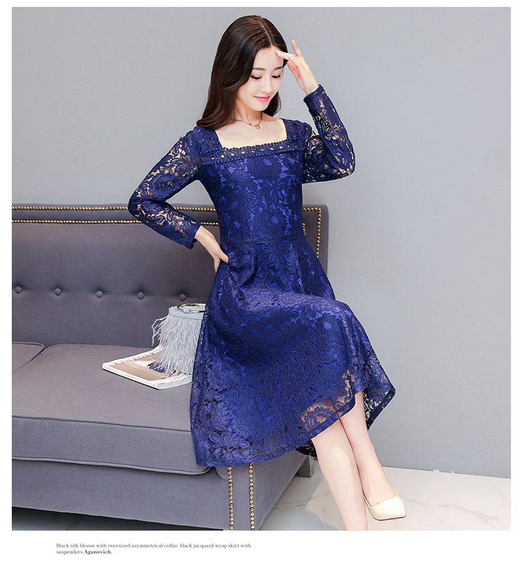 ชุดเดรสสั้นผ้าลูกไม้สีน้ำเงินเข้ม คอเหลี่ยม แขนยาว กระโปรงทรงเอ สวยดูดี