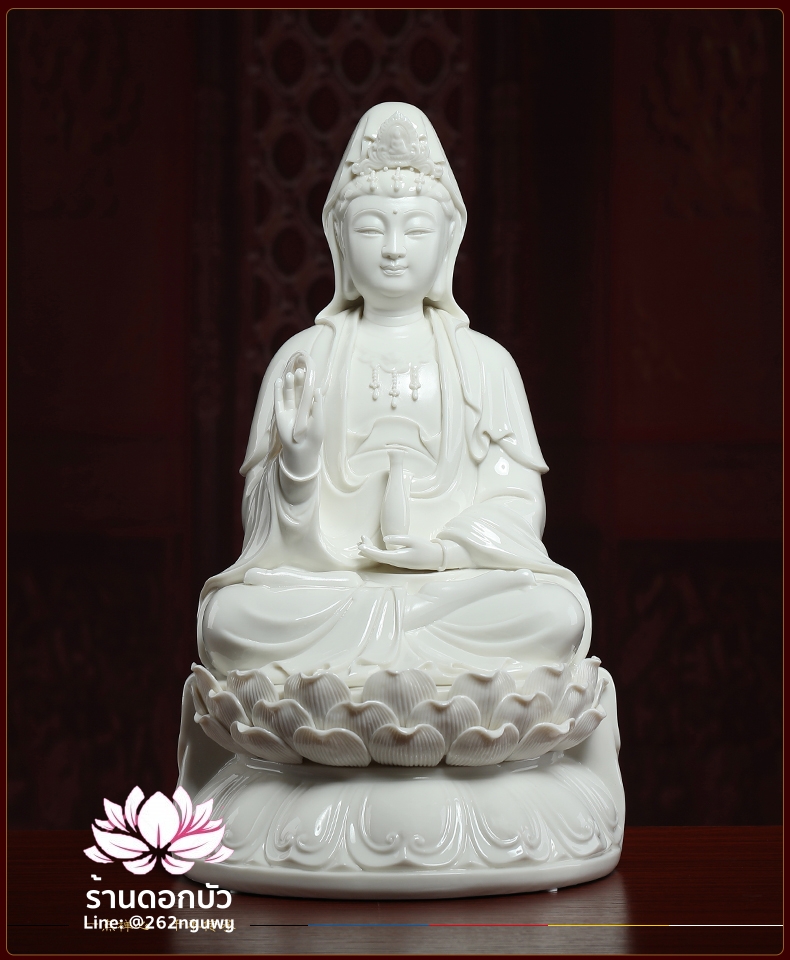 พระโพธิสัตว์กวนอิม พระแม่กวนอิมปางประทานพร ประทับนั่งดอกบัว ถือแจกันและกิ่งหลิว ขนาด 12/16/18 นิ้ว