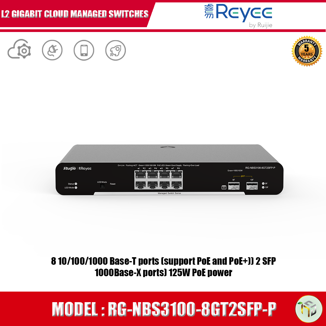 Reyee 10-port Gigabit Layer 2 Cloud Managed PoE and PoE+ Switch 125W (ICT SPEC) RG-NBS3100-8GT2SFP-P