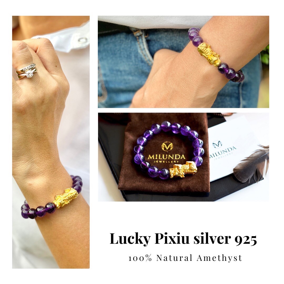 กำไลหินอเมทิสต์แท้จากธรรมชาติ ประดับด้วยปี่เซียะเงินแท้ Silver925 100%